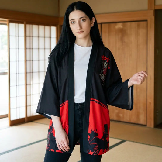 Oni Kanji Kimono Jacke von vorne, rote Paneele über schwarzer Jeans offen getragen