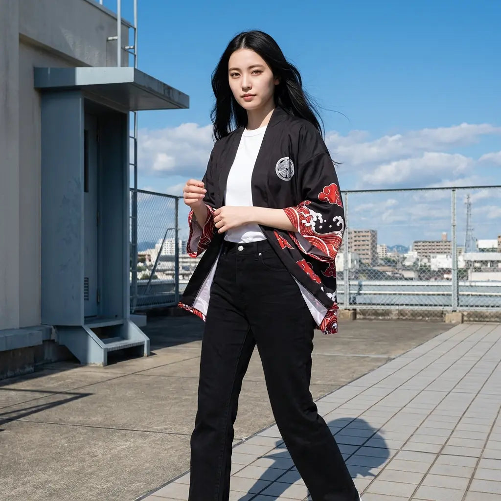 Oni Kimono Jacke Damen auf einem Dach in der Stadt getragen