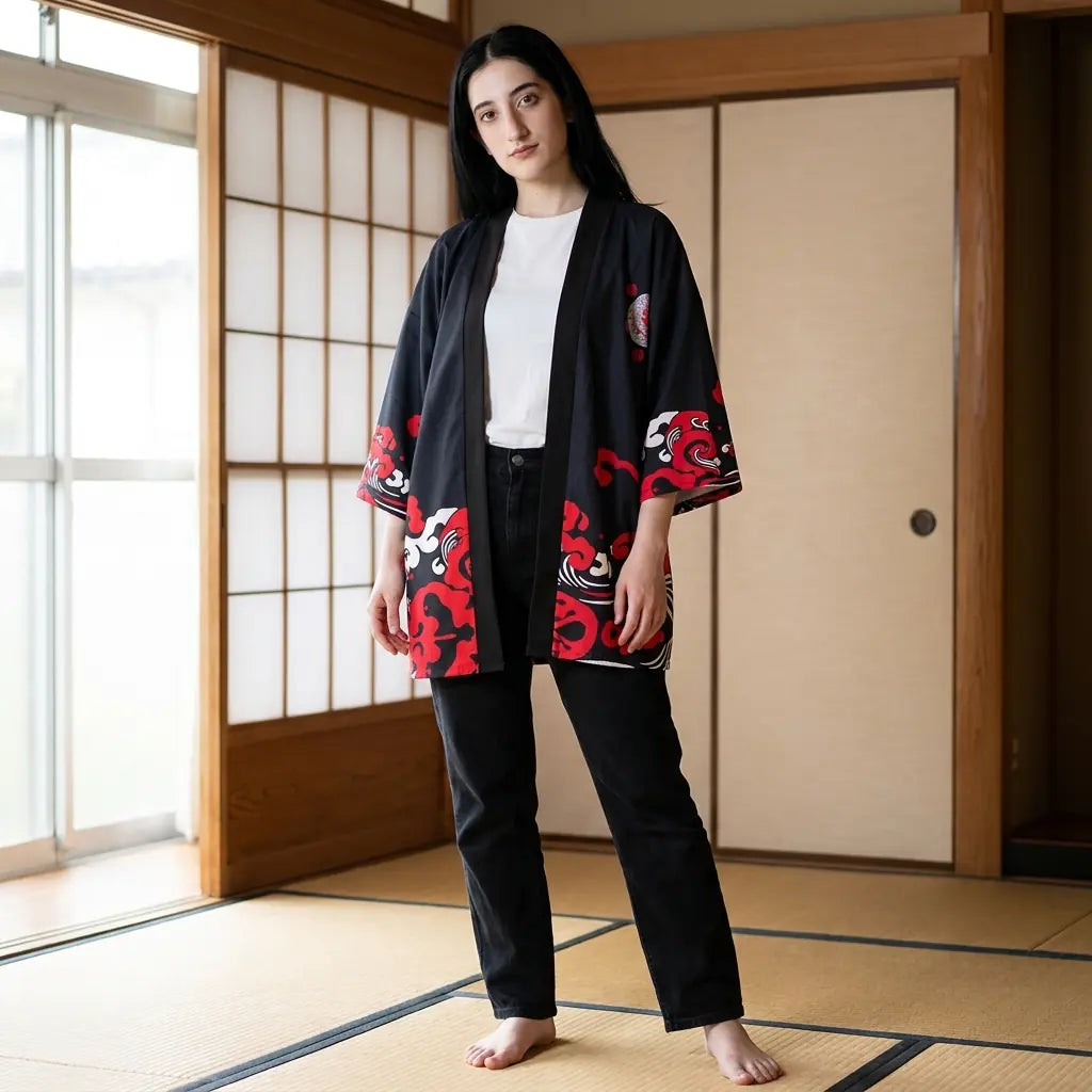 Rote Oni Kimono Jacke für Damen offen getragen vor Shoji Wänden