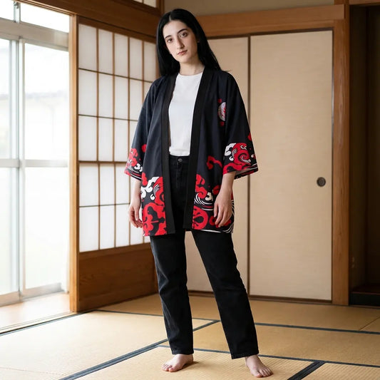 Rote Oni Kimono Jacke für Damen offen getragen vor Shoji Wänden
