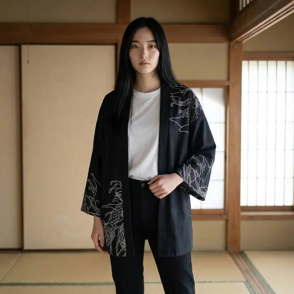 Silberne Oni Kimono Jacke von vorne fotografiert vor Shoji-Wänden