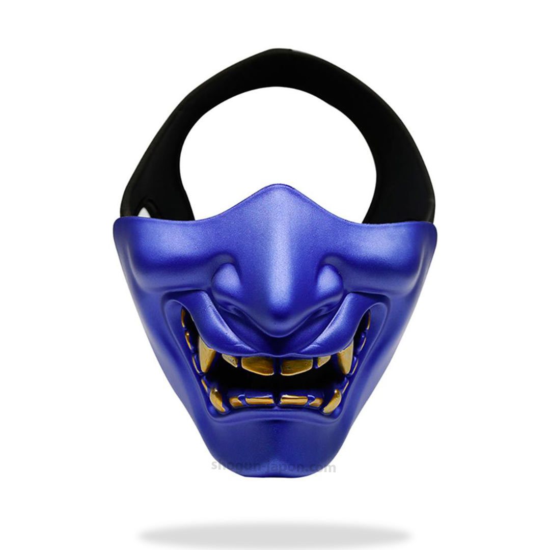 Blaue Oni Maske im Samurai-Stil, Vorderansicht mit Details