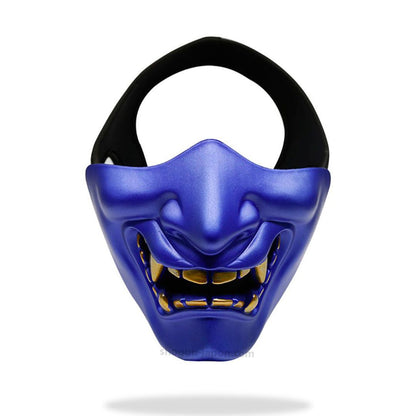 Blaue Oni Maske im Samurai-Stil, Vorderansicht mit Details