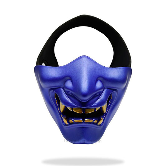 Blaue Oni Maske im Samurai-Stil, Vorderansicht mit Details