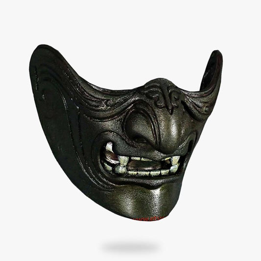 Oni Dämonenmaske aus Fiberglas mit Reißzähnen und grimmigem Ausdruck