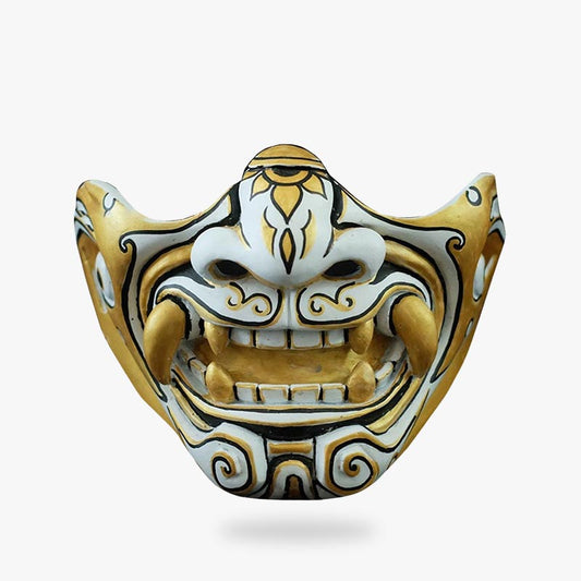 Schwarz goldene Oni Maske aus Fiberglas mit handgemalten Details im Samurai Stil
