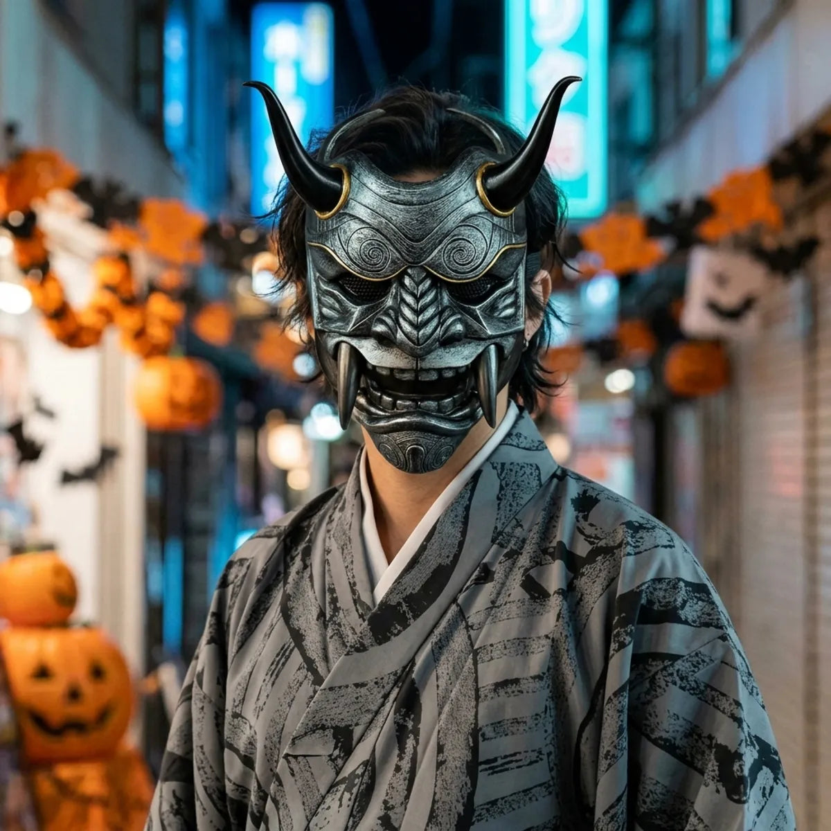 Graue Oni Maske mit schwarzen Hörnern zu grauem Kimono bei Nacht in Tokio