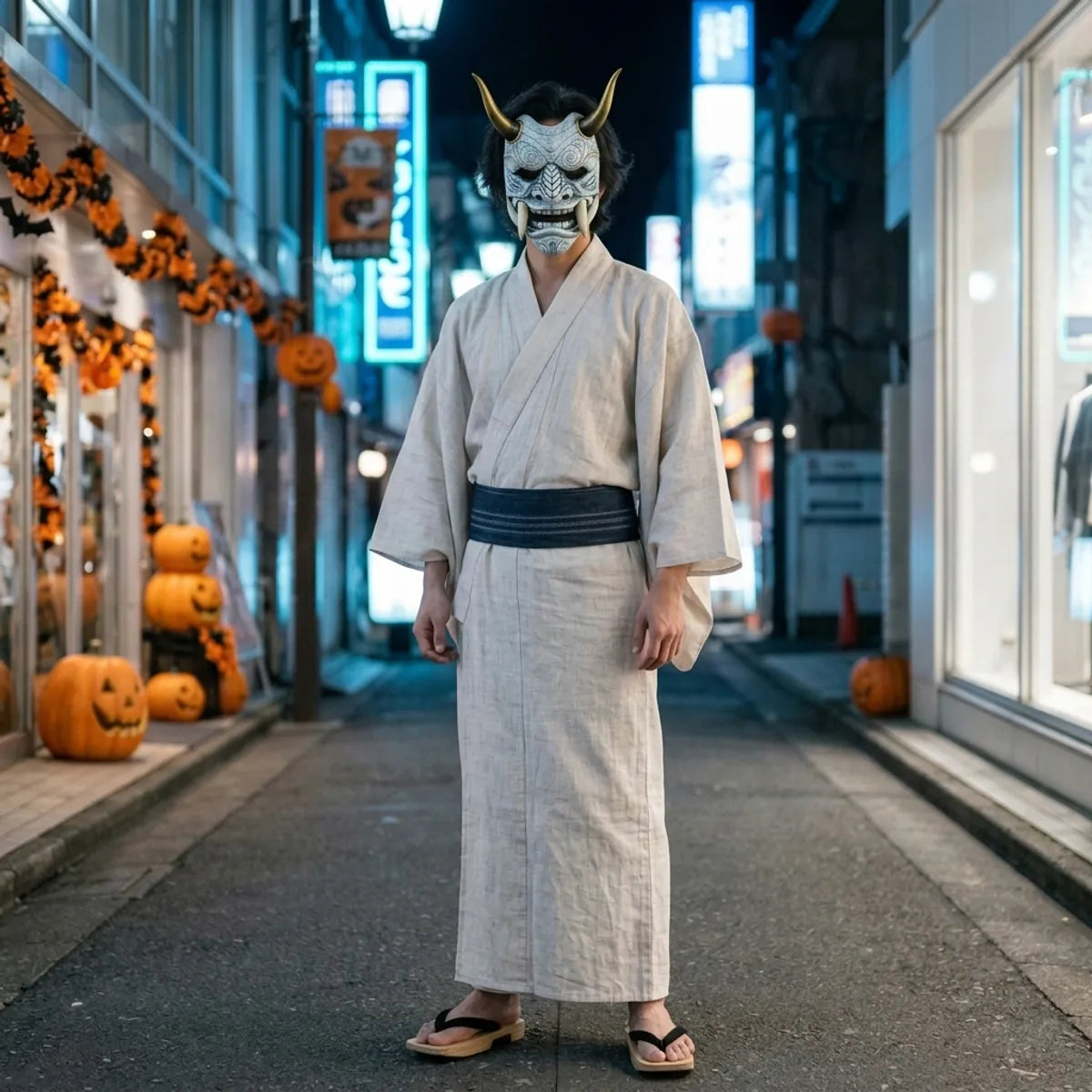 Weiße Oni Maske getragen mit ecrufarbenem Kimono und indigoblauem Obi nachts in Tokio