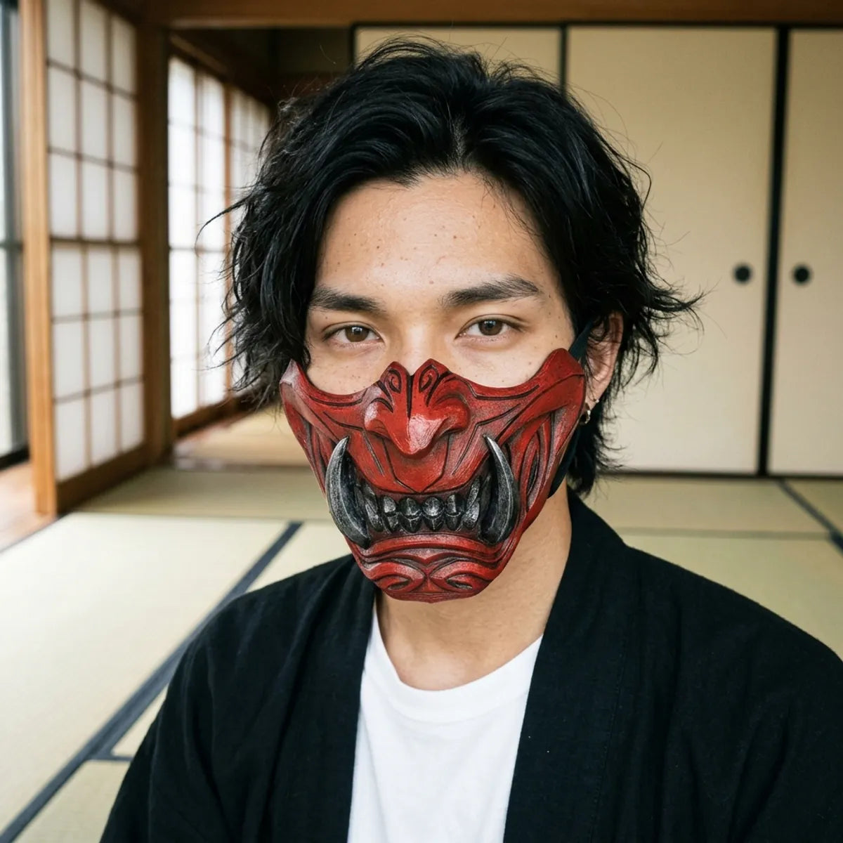 Nahaufnahme der roten Oni Halbmaske mit silbernen Reißzähnen in einem japanischen Tatami-Raum