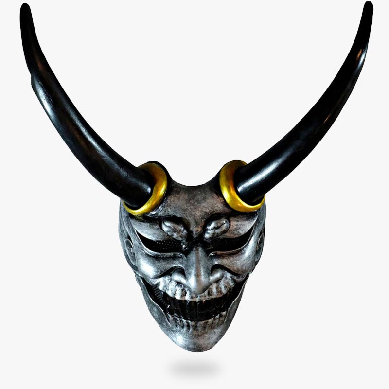 Oni Maske als Samurai Zubehör mit Hörnern und scharfen Reißzähnen