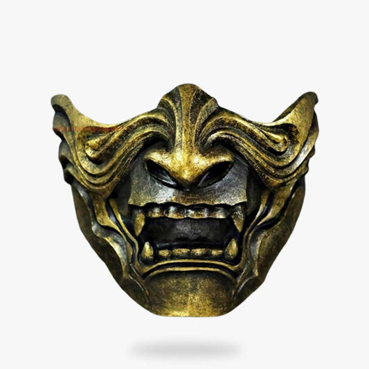 Oni Maske in Schwarz-Gold als Halbmaske mit Fangzähnen aus Fiberglas