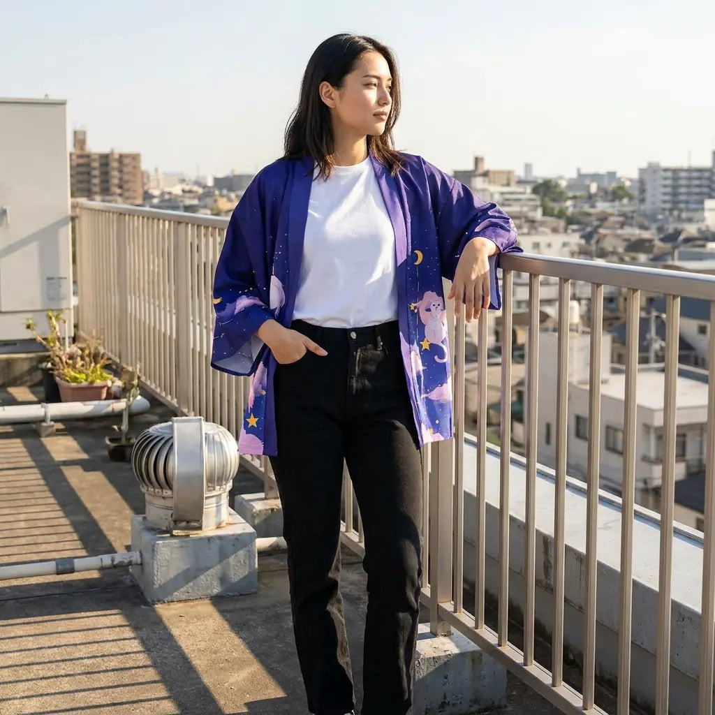 Offen getragene Kimono-Jacke mit Wolkenmotiv neben einem Geländer