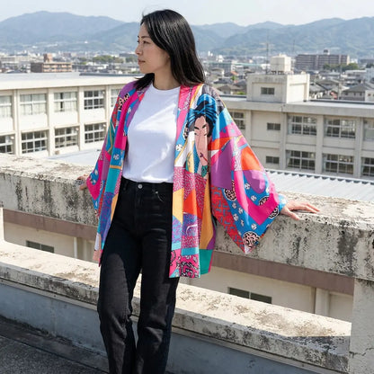Pop Art Kimono Jacke auf einer Dachterrasse mit Hügeln im Hintergrund