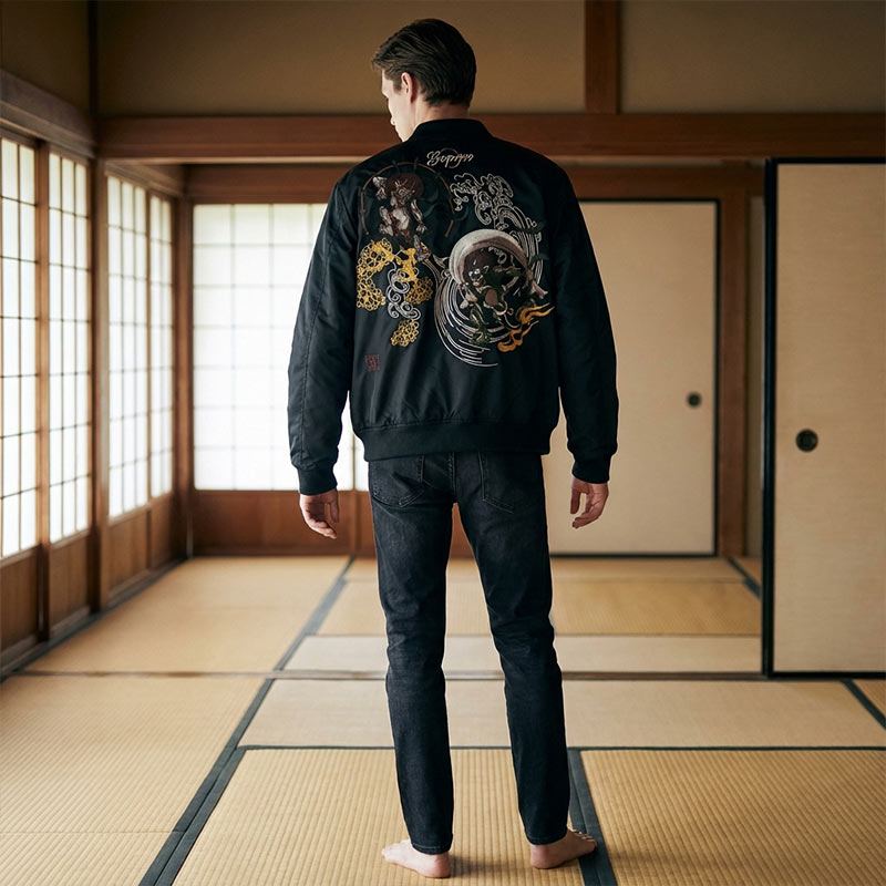 Mann trägt schwarze Sukajan Bomberjacke mit Raijin und Fujin Motiv