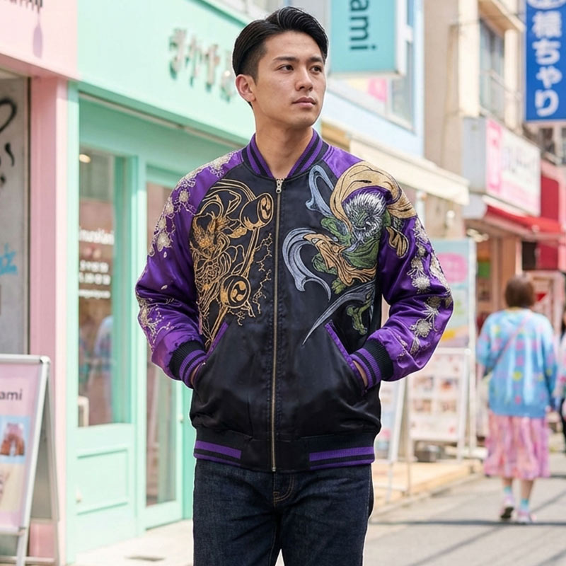 Mann trägt lila schwarze Sukajan Jacke Japan in Harajuku