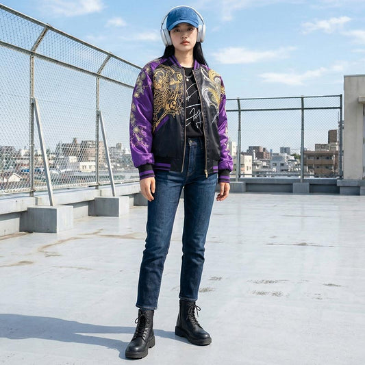 Frau trägt lila goldene Raijin Sukajan Jacke auf Schuldach mit Tokio Skyline