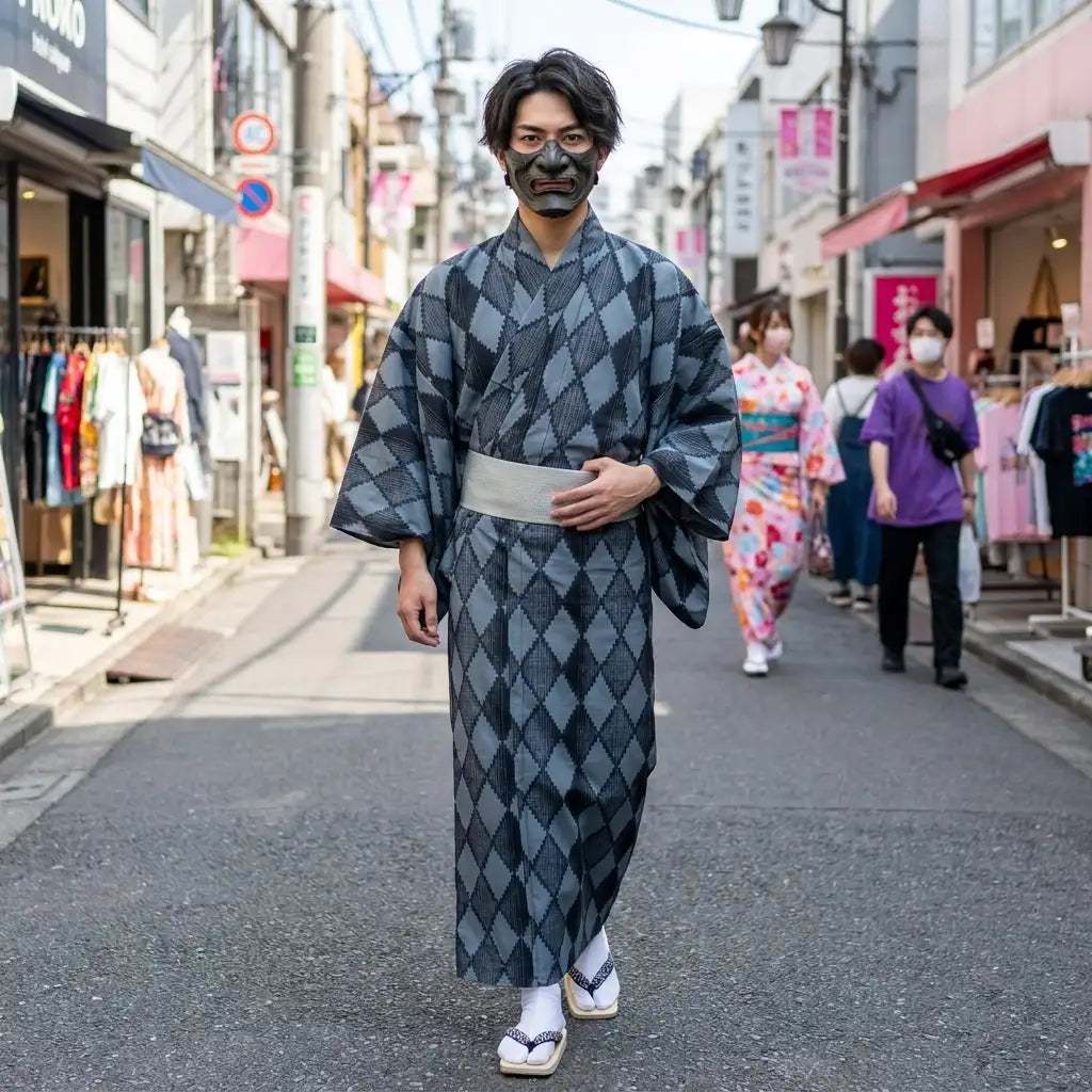 Nahaufnahme der weiten Ärmel des Rauten-Kimonos