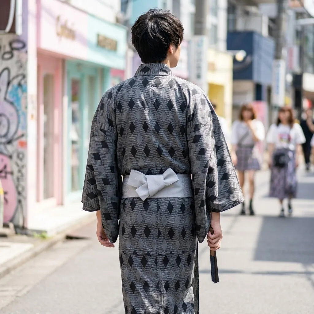 Zusätzliche Rückansicht des Kimonos mit Rautenmuster und Ärmeldetail
