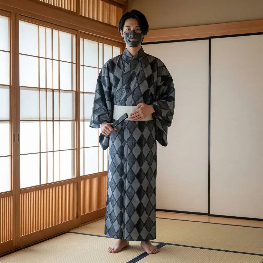 Rauten-Kimono für Herren in der Vorderansicht mit Hishi-Muster