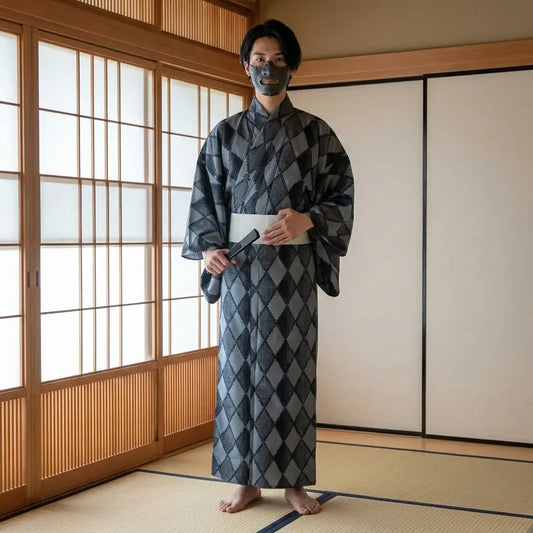 Rauten-Kimono für Herren in der Vorderansicht mit Hishi-Muster