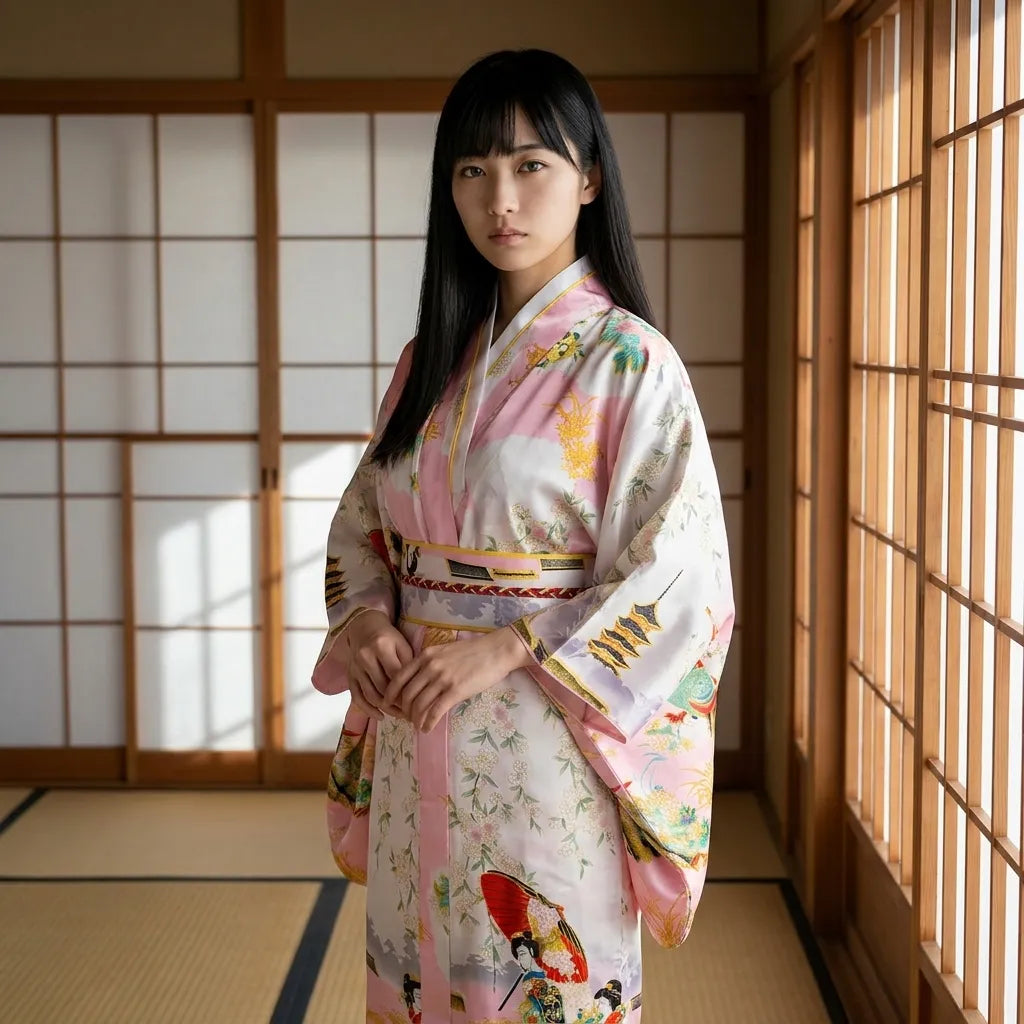 Rosa Kimono Kleid mit Ukiyo-e Geisha und Pagode Print und Obi-Gürtel