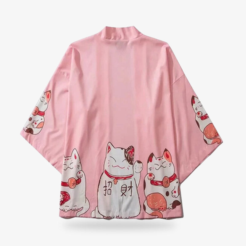 Rosa Kimono Jacke mit weißer Maneki Neko Glückskatze