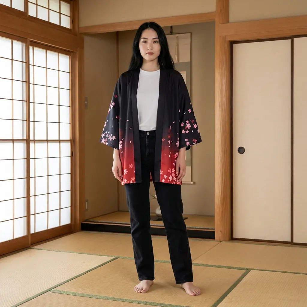 Rosa Sakura Haori Jacke Damen offen getragen barfuß auf Tatami