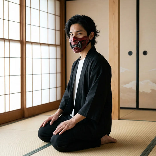 Rote Dämon-Halbmaske im Profil, geschnitzte Wange und Reißzahn, kniend auf Tatami vor dem Shoji