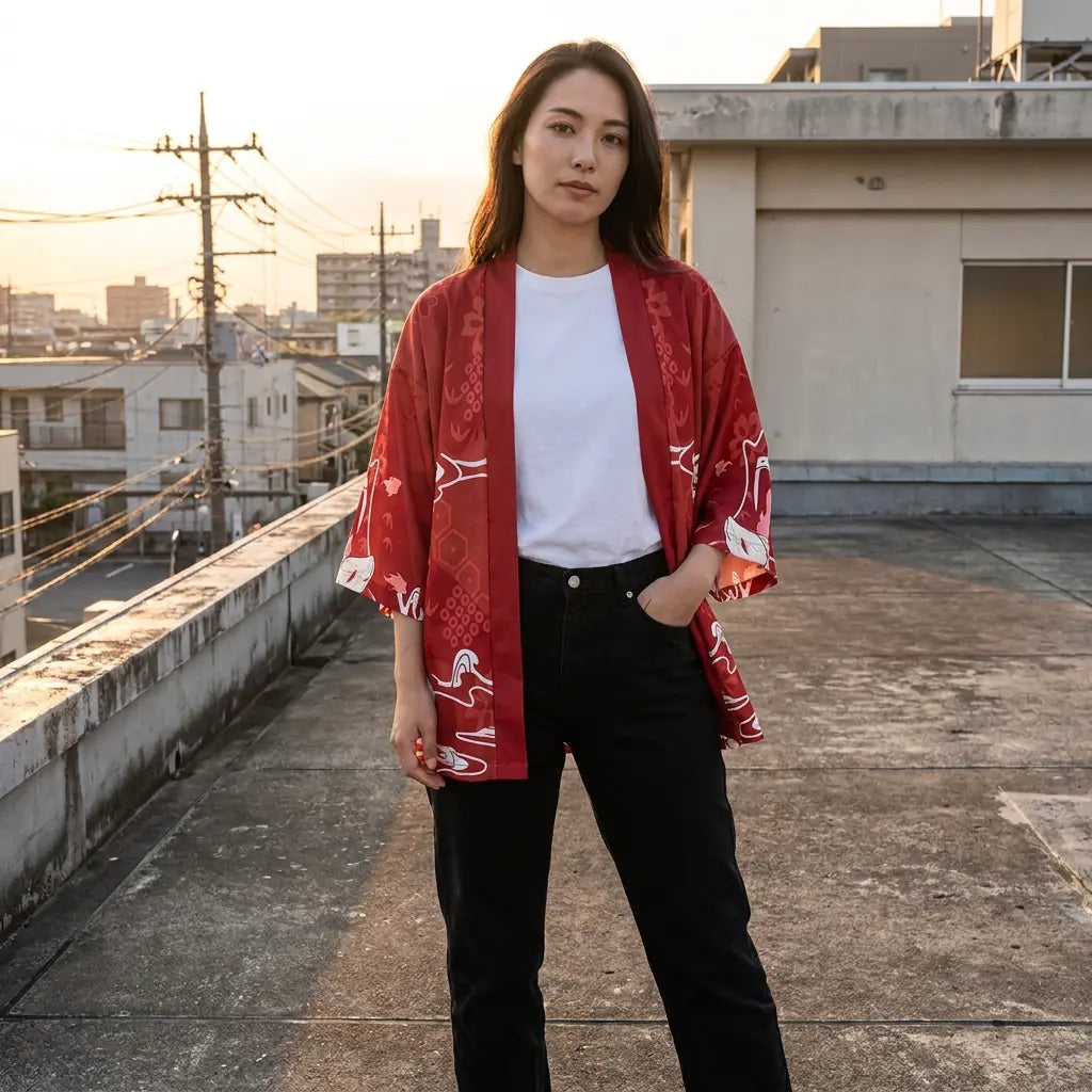 Rote Fuchsmasken Kimono Jacke auf einer Dachterrasse im warmen Abendlicht