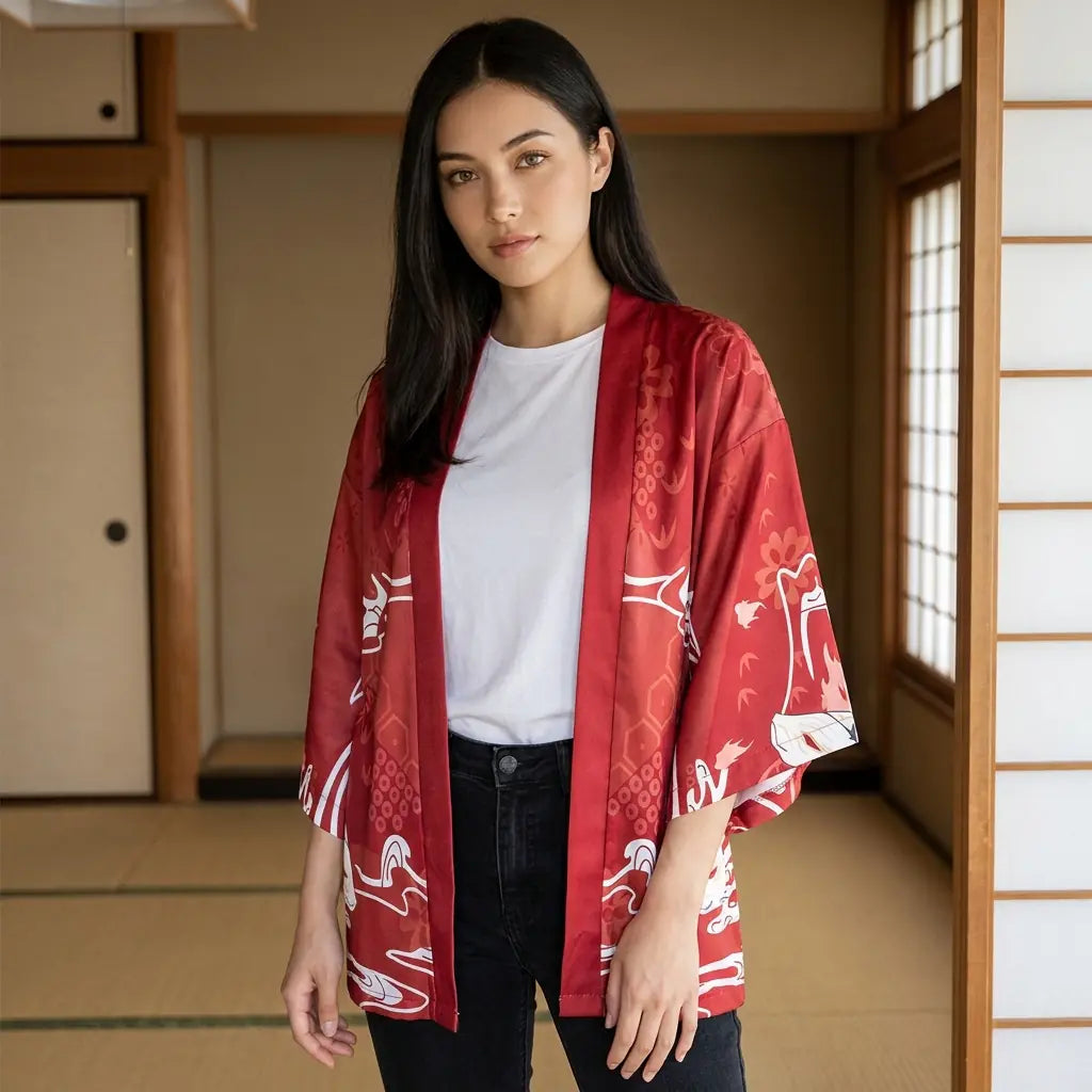 Rote Kitsune Haori Jacke von vorne mit weißem Fuchsmasken Print auf Rücken und Ärmeln