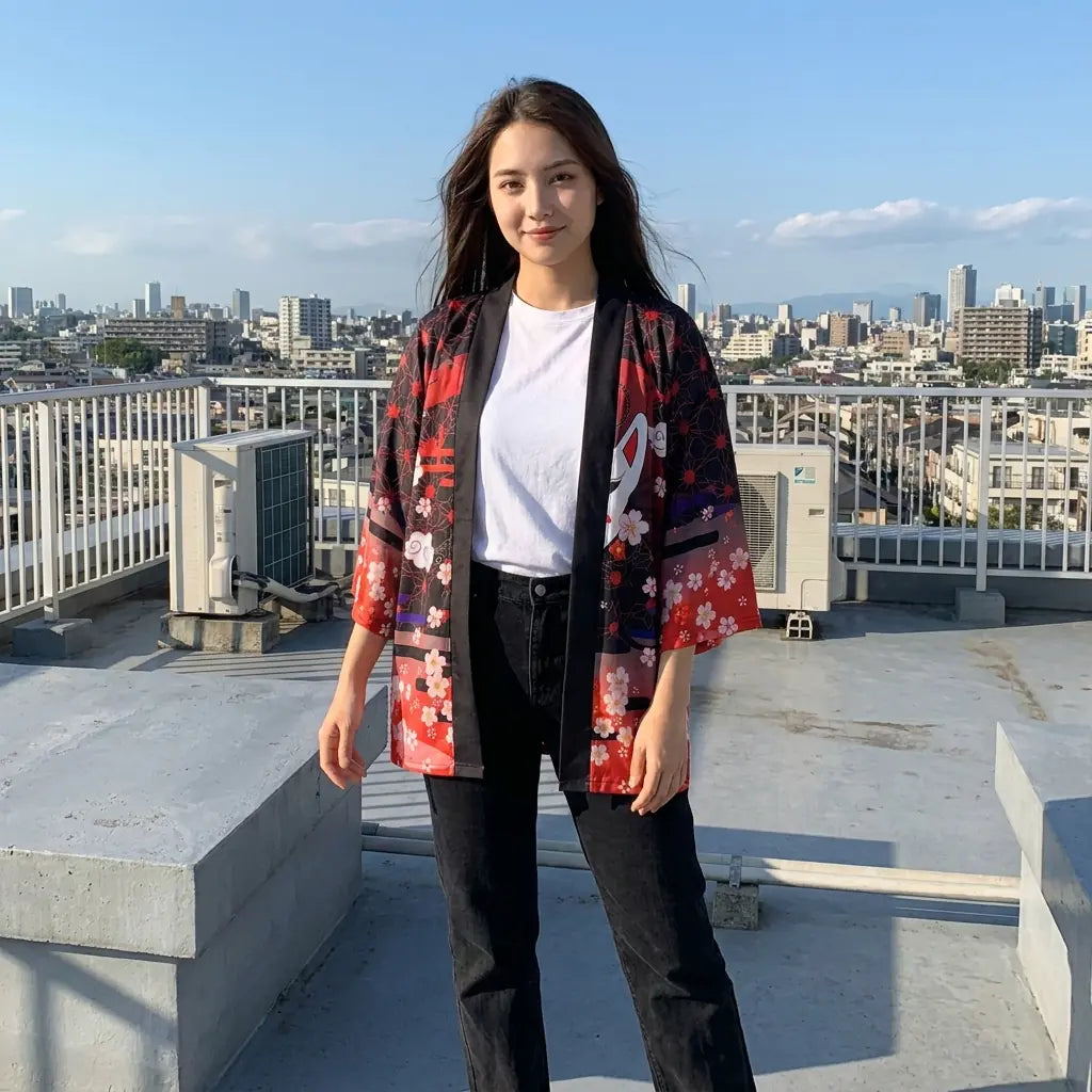 Rote Ombre Kimono Jacke für Damen offen getragen auf einem Dach über der Stadt