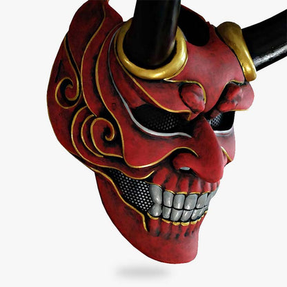 Traditionelle rote Oni Maske aus Fiberglas mit Hörnern und Zähnen