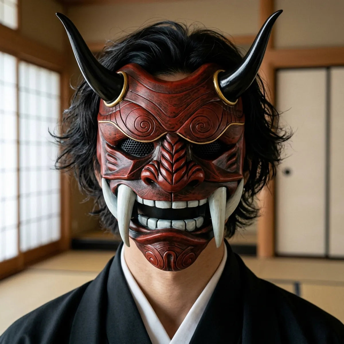 Nahaufnahme der roten Oni Maske mit schwarzen Hörnern und elfenbeinfarbenen Fangzähnen im Tatami-Raum
