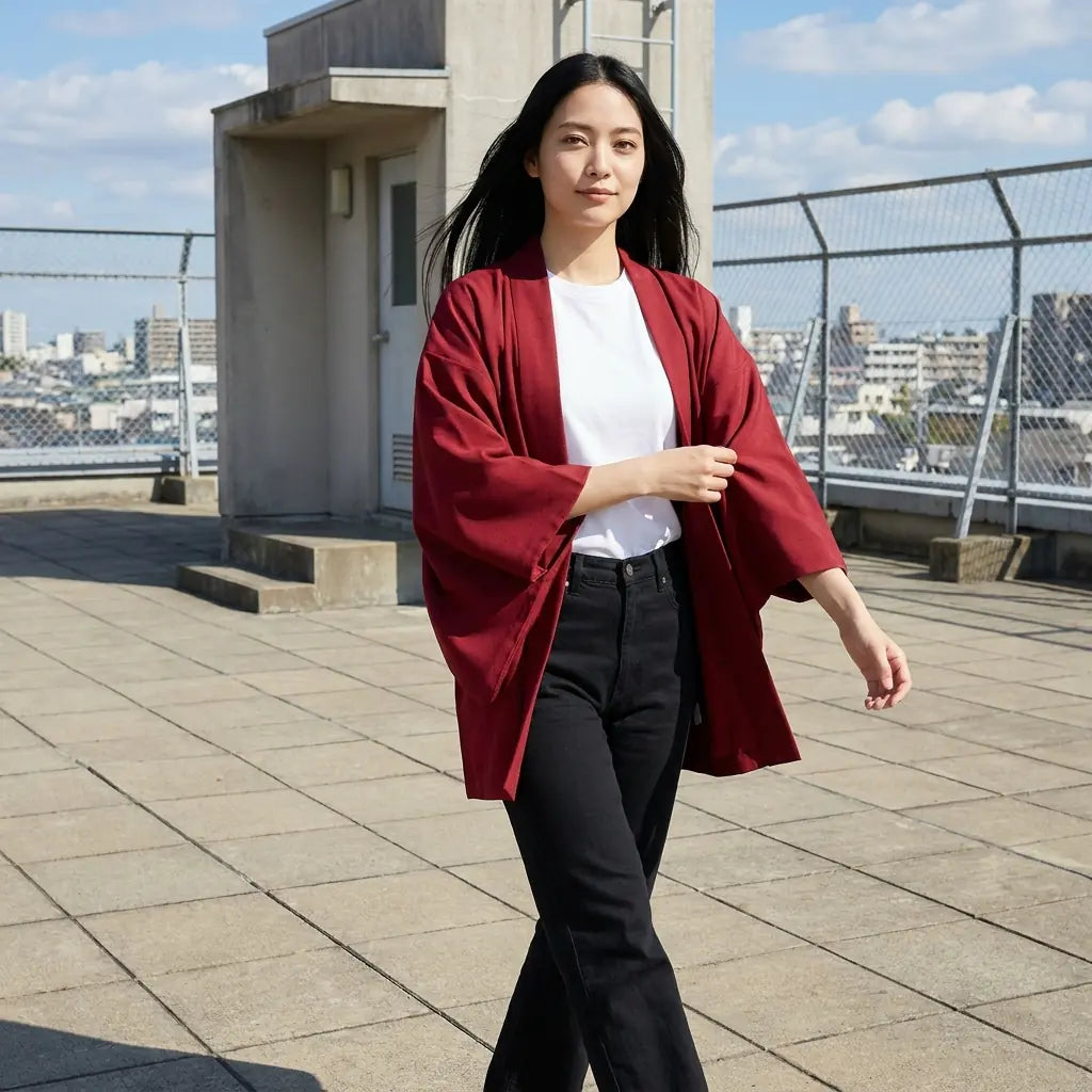 Roter Haori-Cardigan für Damen offen getragen auf einer Dachterrasse in der Stadt