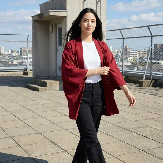 Roter Haori-Cardigan für Damen offen getragen auf einer Dachterrasse in der Stadt