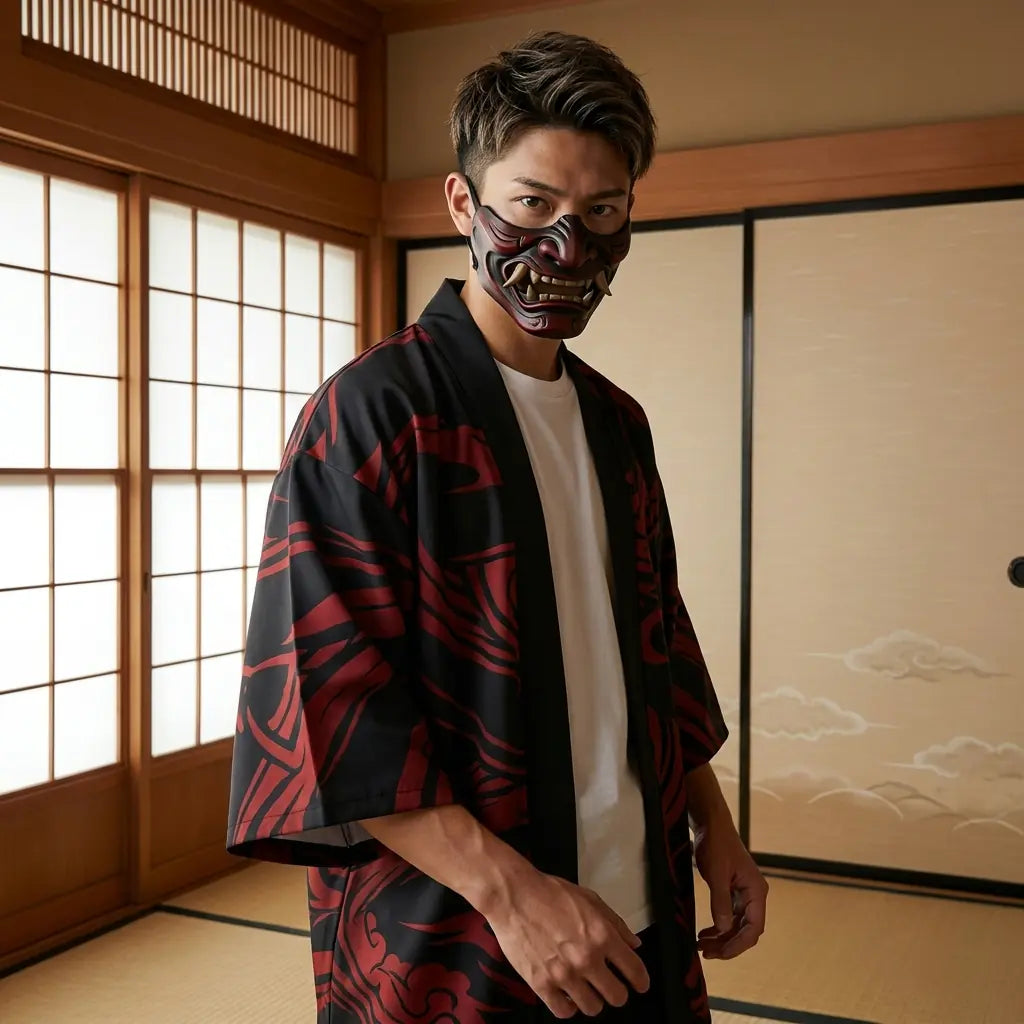 Mann trägt roten Haori mit Oni-Dämon-Motiv im japanischen Zimmer, Vorderansicht