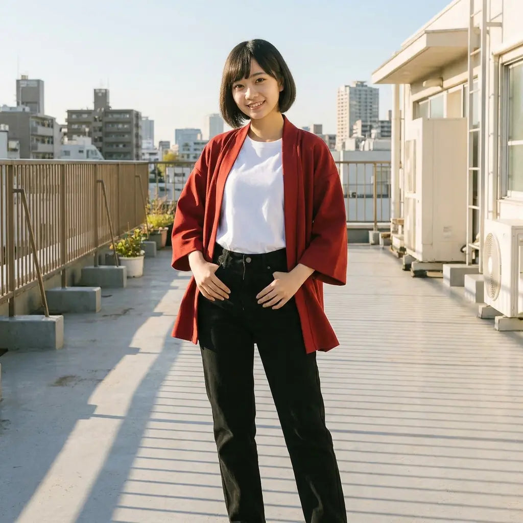 Roter Kimono Cardigan auf einer Dachterrasse im warmen Abendlicht