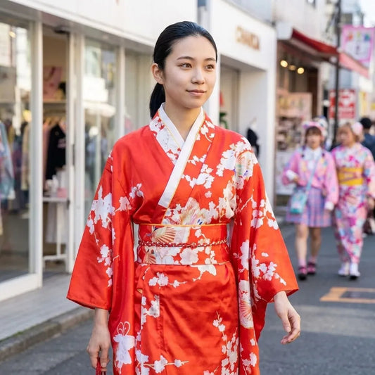 Rückansicht des roten Kimono Kleids mit Sensu-Fächer-Print