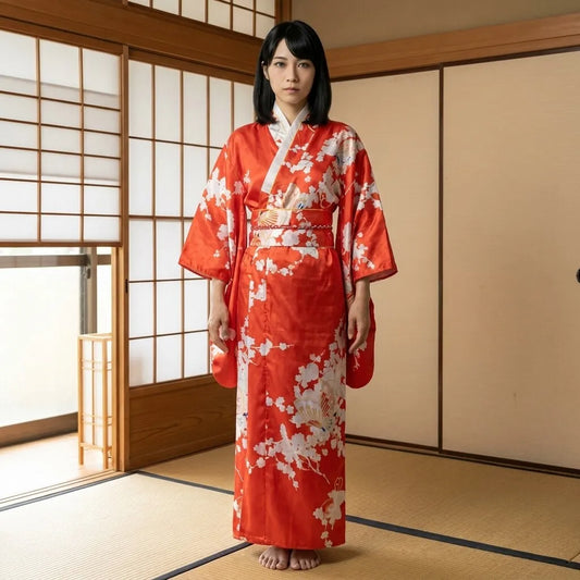 Rotes Kimono Kleid mit Sensu-Fächer-Motiv und obi-artigem Taillenbund