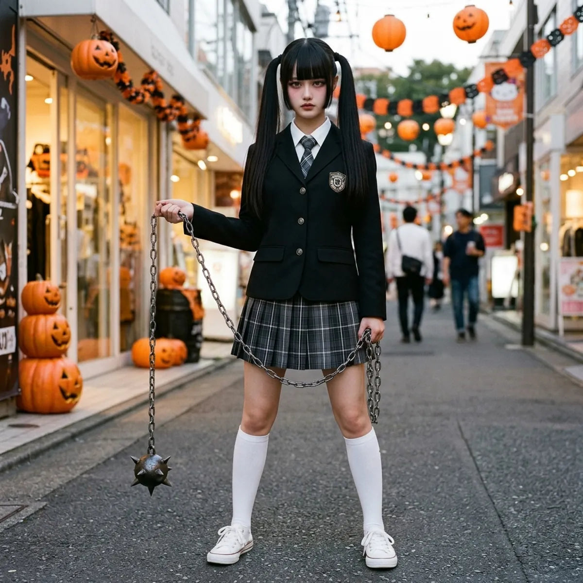 Sailor Fuku Kostüm in Harajuku mit Kettenaccessoire und weißen Kniestrümpfen