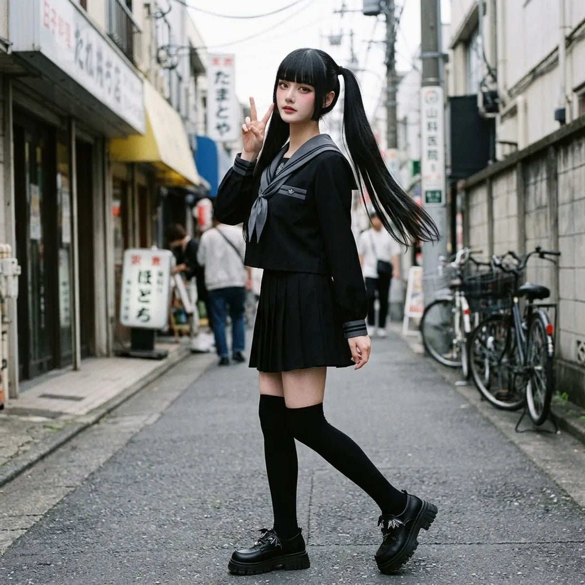Sailor Fuku in Bewegung in Harajuku, grauer Kragen und schwarzer Faltenrock beim Gehen