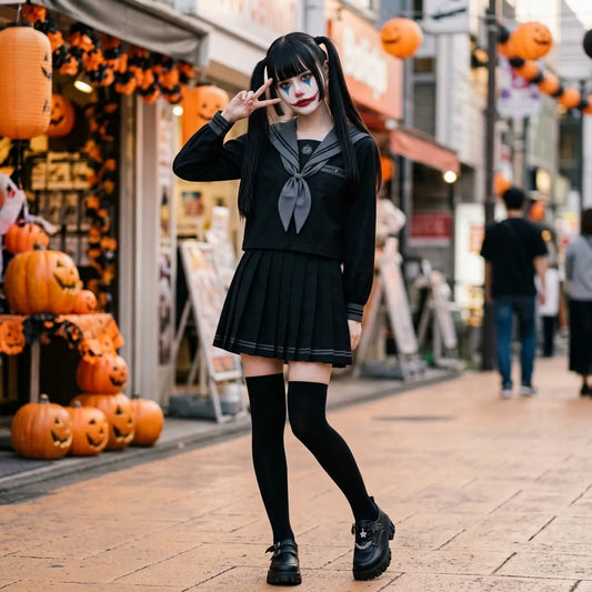 Sailor Fuku Uniform mit schwarzem Faltenrock, getragen zu Halloween in Harajuku