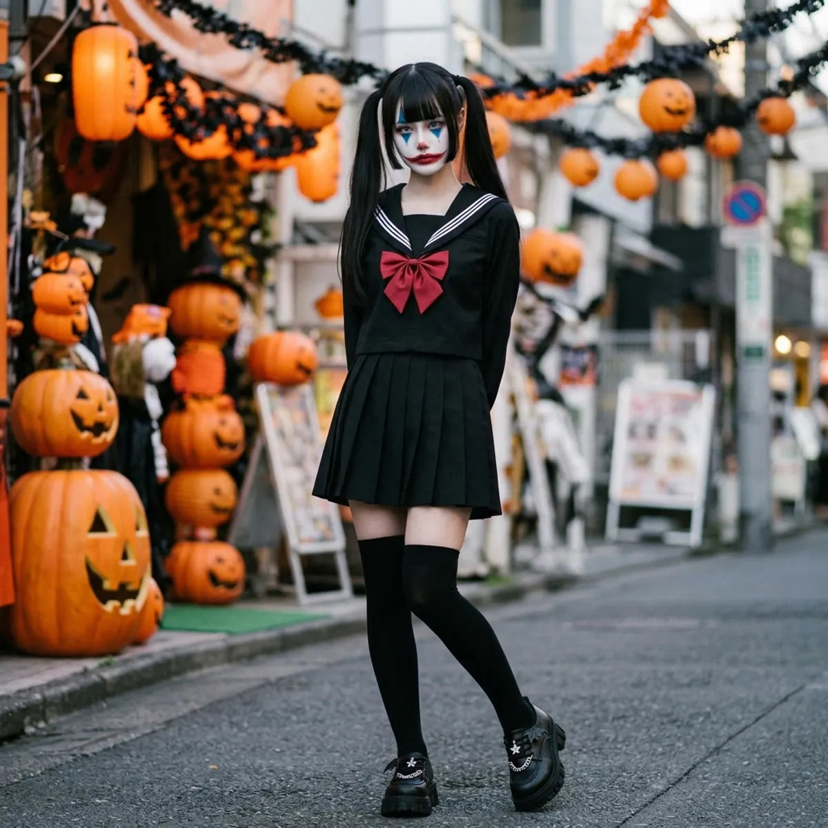 Sailor Fuku Matrosenuniform bei einem Halloween-Auftritt mit auffälligem Clown-Make-up