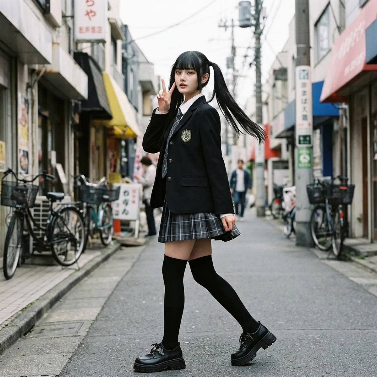 Sailor Fuku Set in Harajuku in Bewegung, karierter Faltenrock und schwarze Lolita-Schuhe