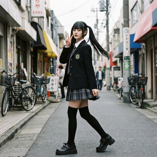 Sailor Fuku Set in Harajuku in Bewegung, karierter Faltenrock und schwarze Lolita-Schuhe