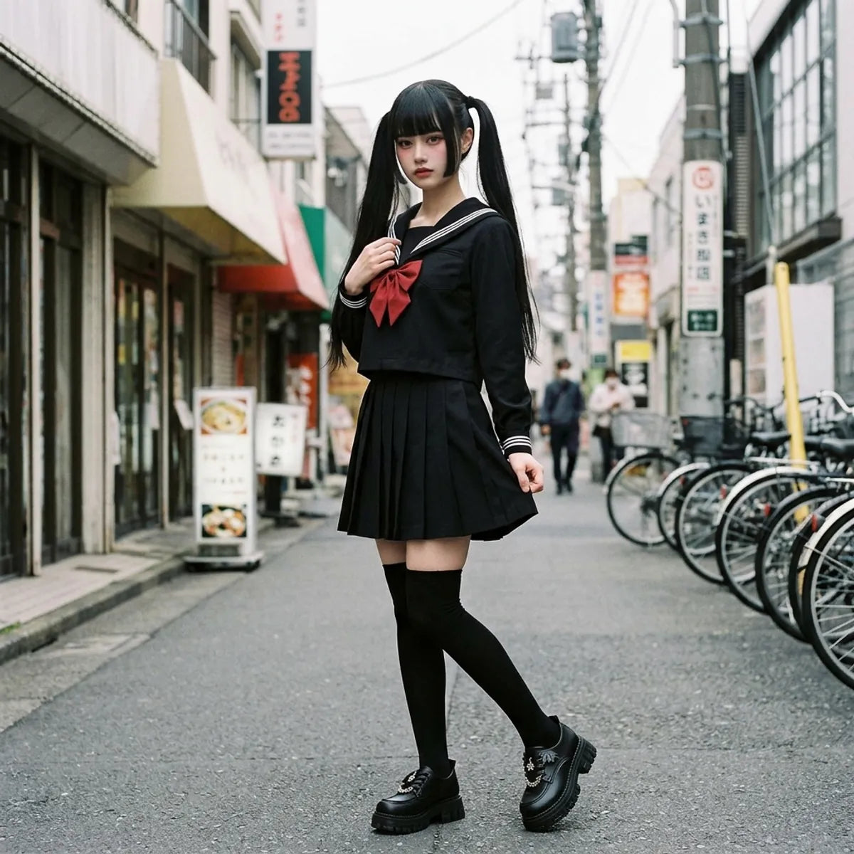 Schwarze Sailor Fuku Uniform mit roter Schleife und langen schwarzen Socken
