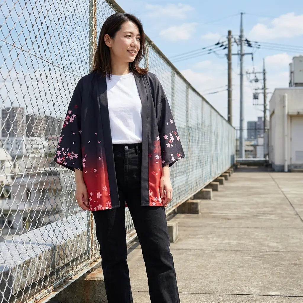 Sakura Kimono Cardigan Damen kombiniert mit Jeans auf einer Dachterrasse