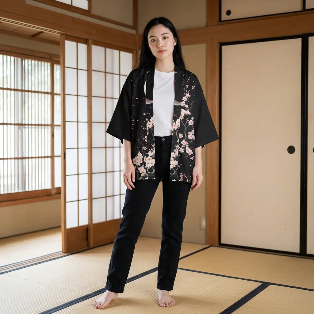 Schwarzer Sakura Kimono mit zartem Kirschblütenzweig-Print, offen getragen im Tatami-Raum