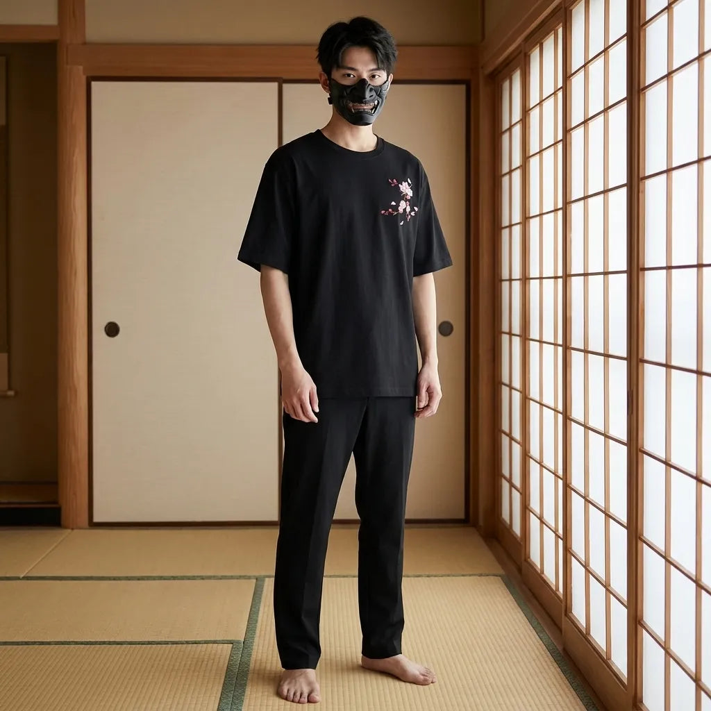Sakura Shirt Herren schwarz mit Kirschblütenmotiv in Nahaufnahme