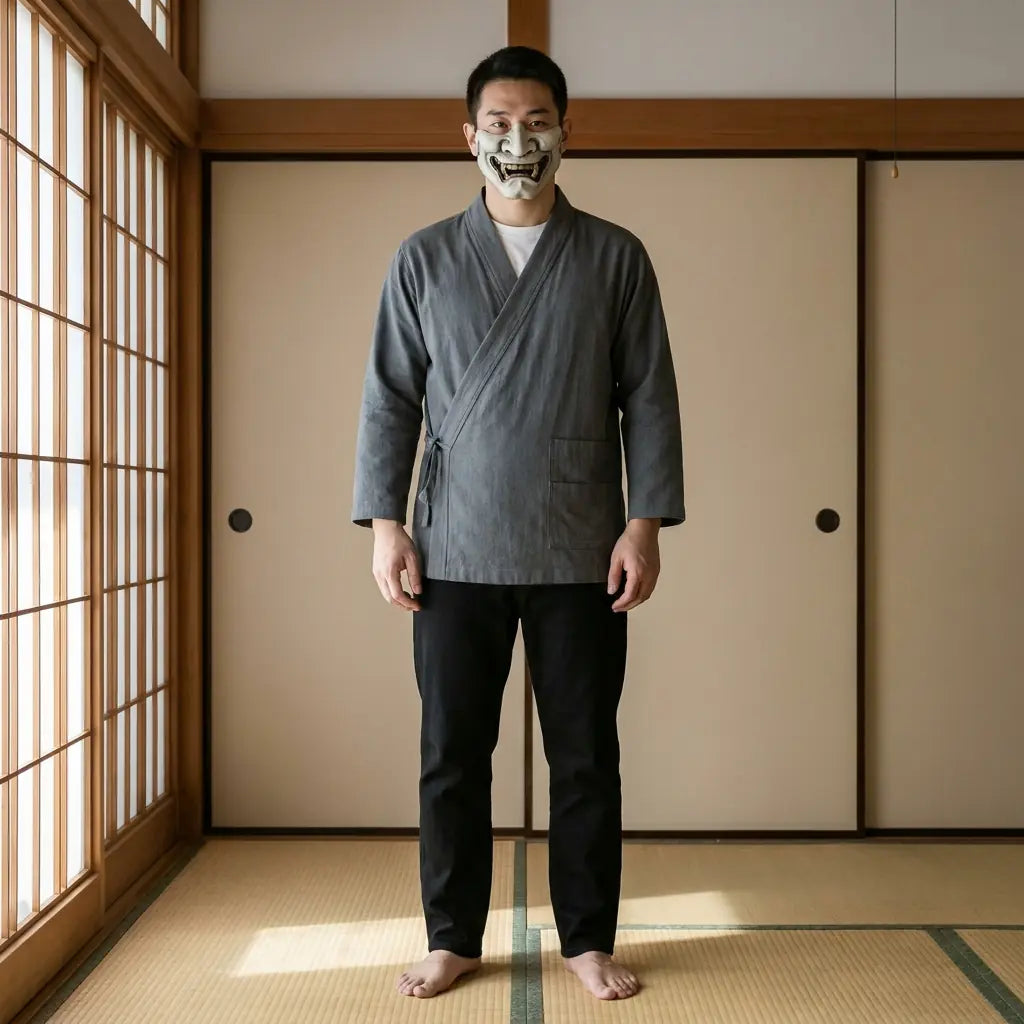 Mann trägt Samue Kimono Cardigan in traditionellem japanischem Washitsu-Zimmer, Frontalansicht